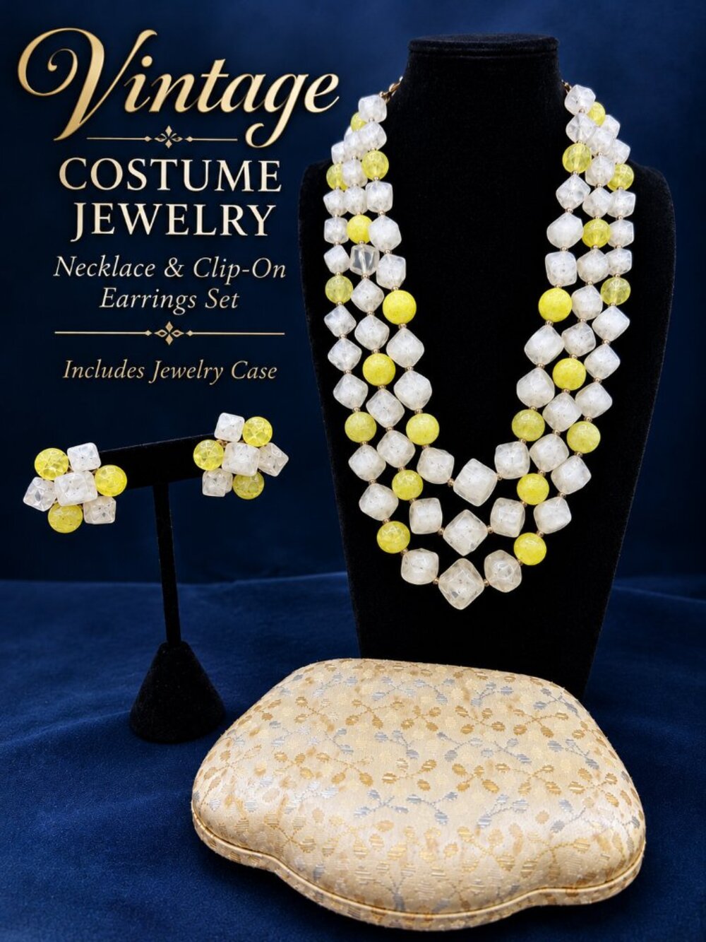 Vintage Austrian Jewelry Set, 3 Strand Yellow Clear Bead Necklace, Clip Earrings